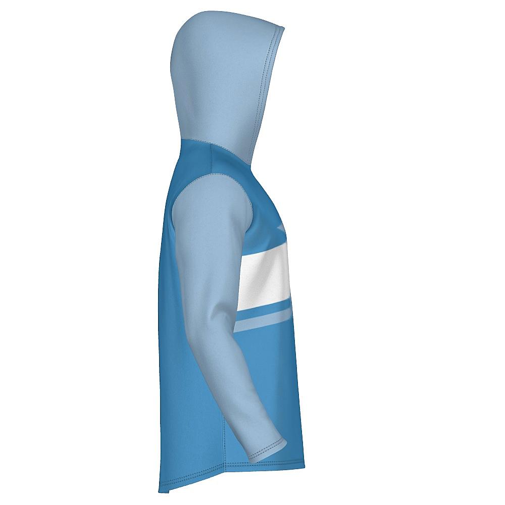Blue hoodie with contrasting hood & sleeves and white horizontal stripe on a white background