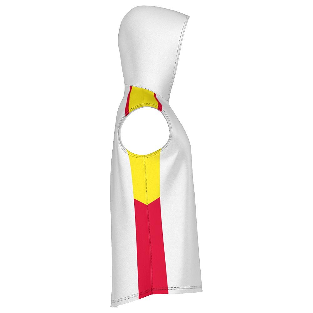 White sleeveless hoodie with yellow and red accents on a white background