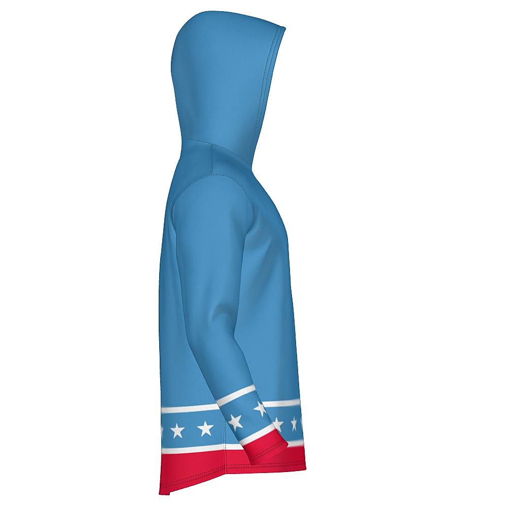 Blue hoodie with white stars and red stripes on a white background