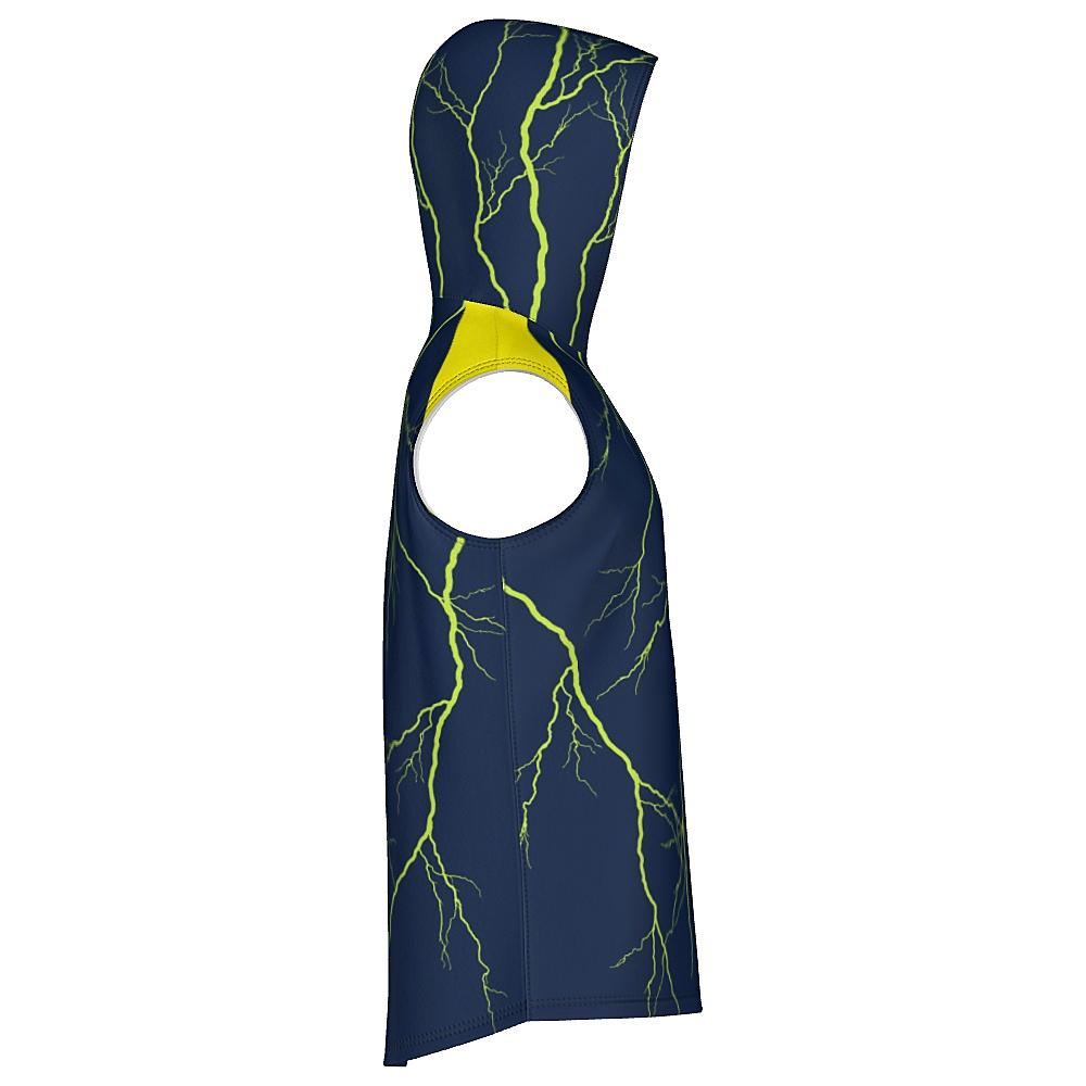 Navy sleeveless hoodie with yellow shoulders and lightning design on a white background
