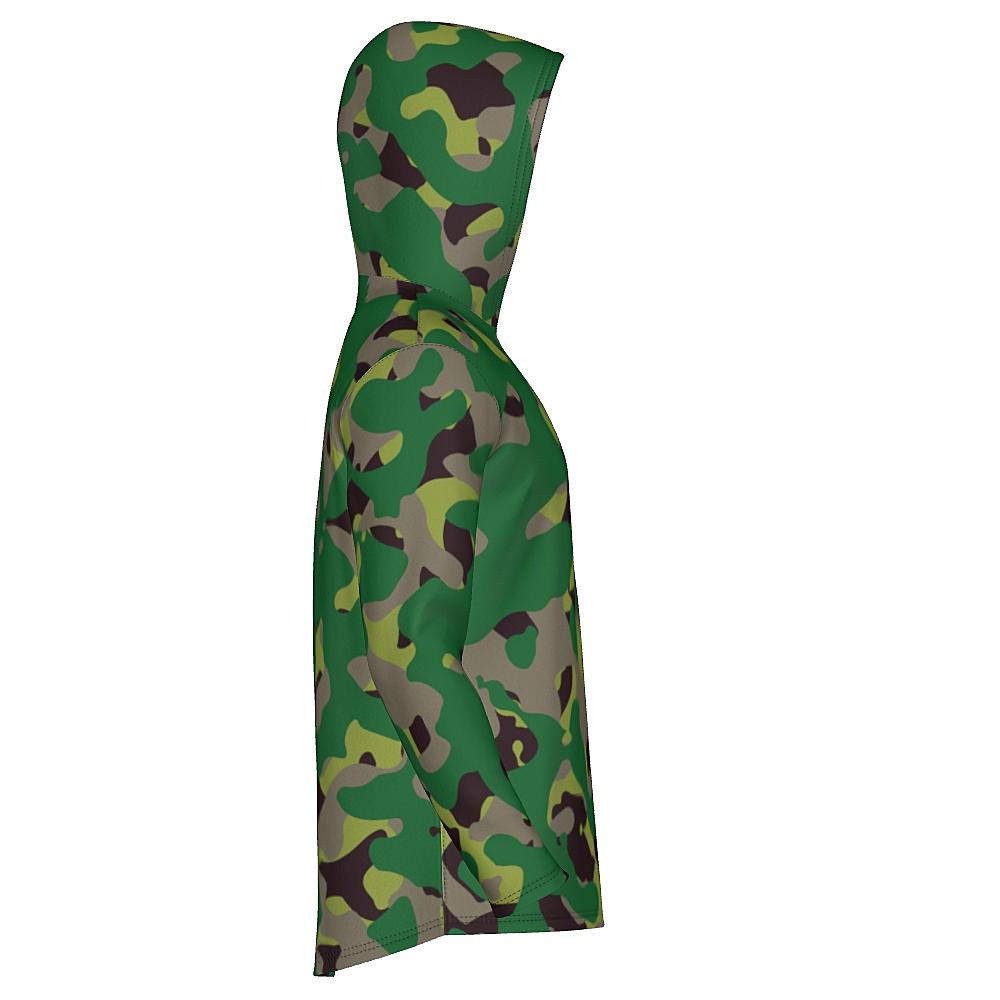 Hoodie with green camouflage design on a white background