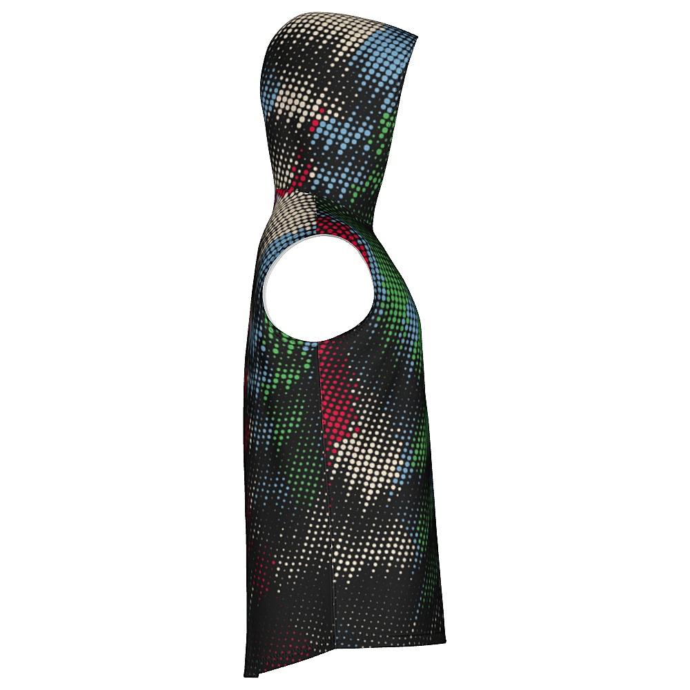 Black sleeveless hoodie with multicolored dot pattern on a white background