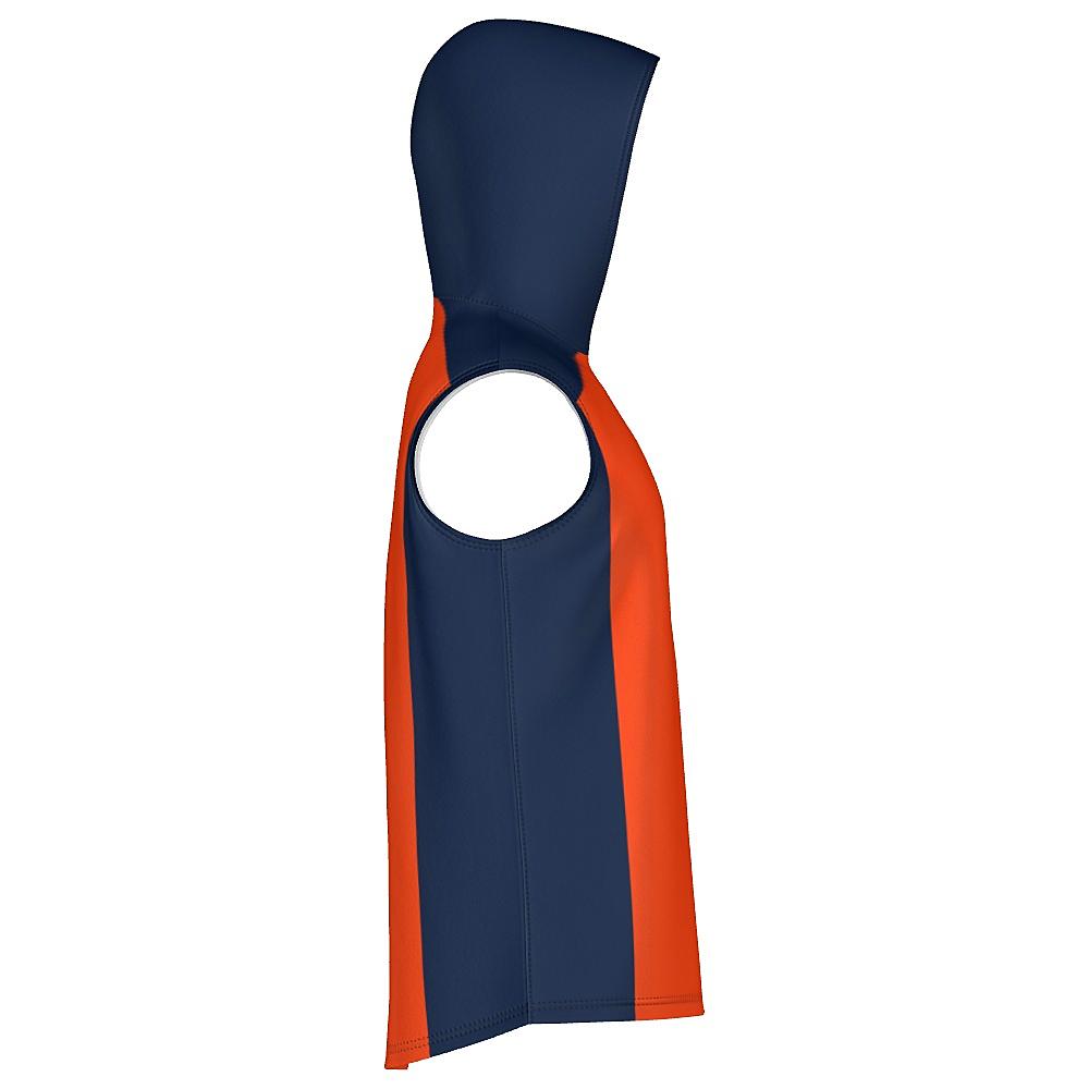 Orange sleeveless hoodie with navy sides and hood on a white background
