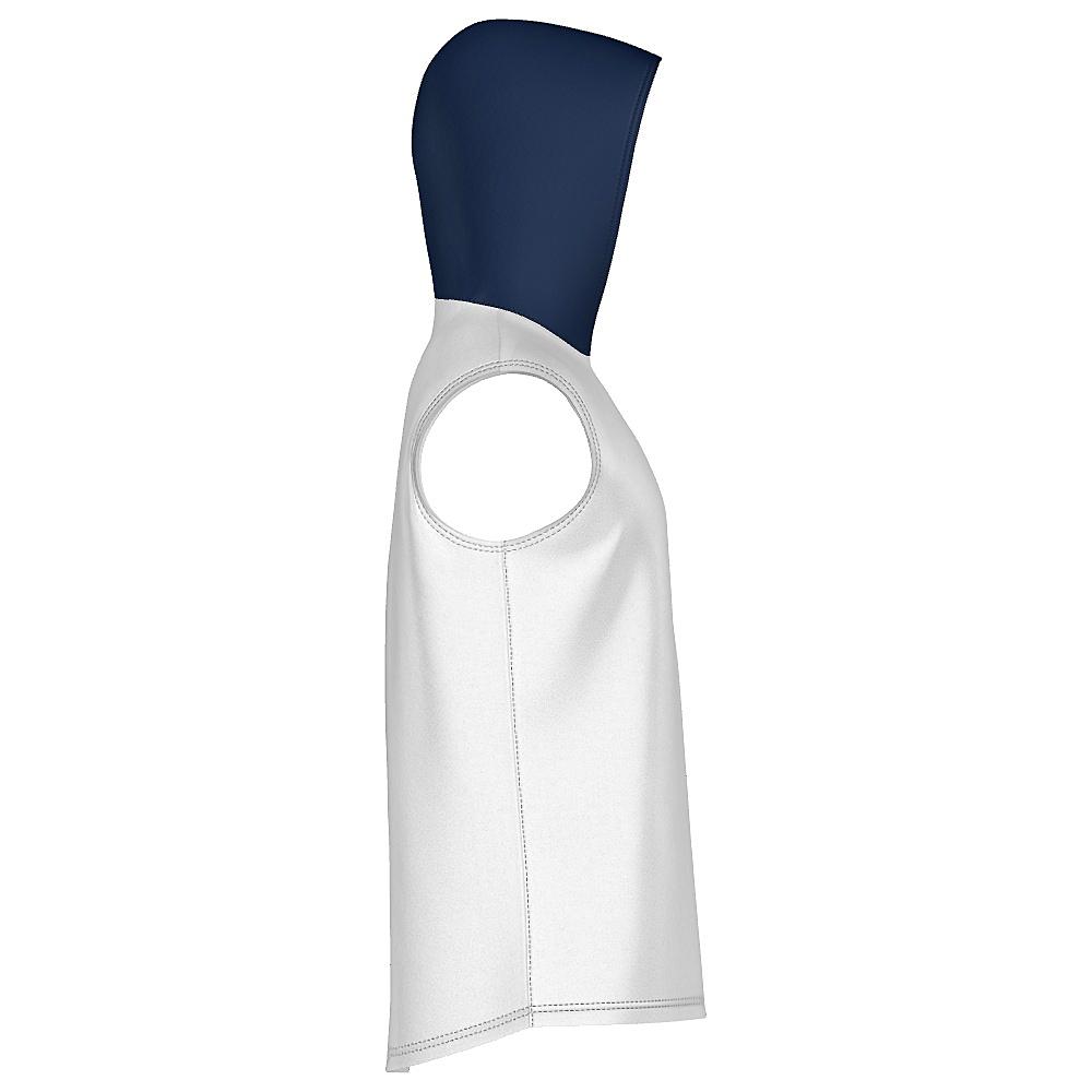 White short-sleeve hoodie with navy hood on a white background