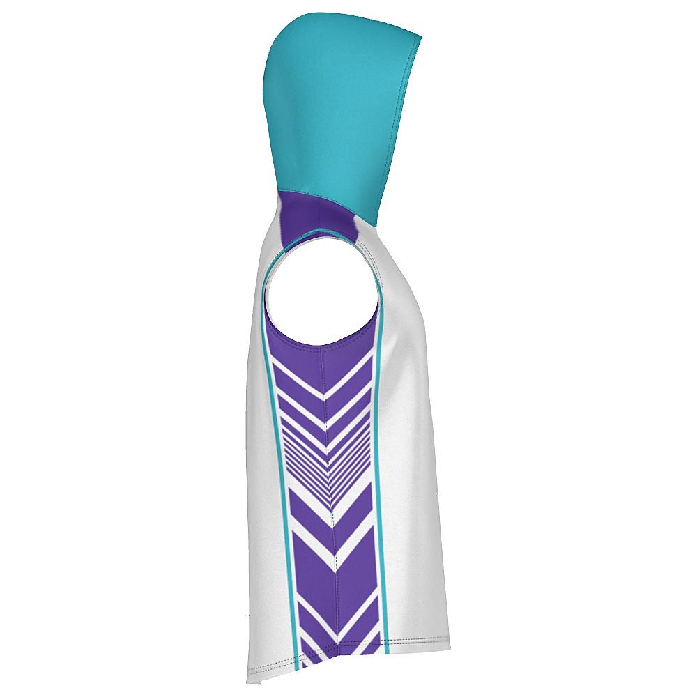 White sleeveless hoodie with teal and purple accents on a white background