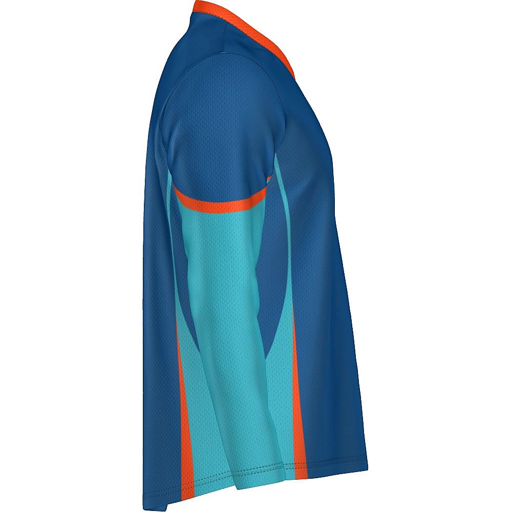 Blue long-sleeve top with teal and orange accents on a white background