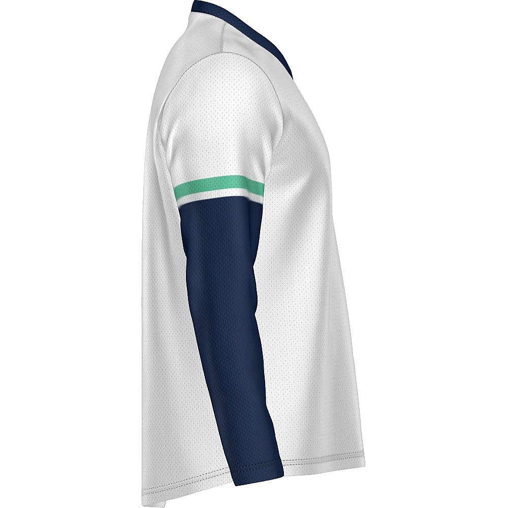 White long-sleeve shirt with navy and green accents on a white background
