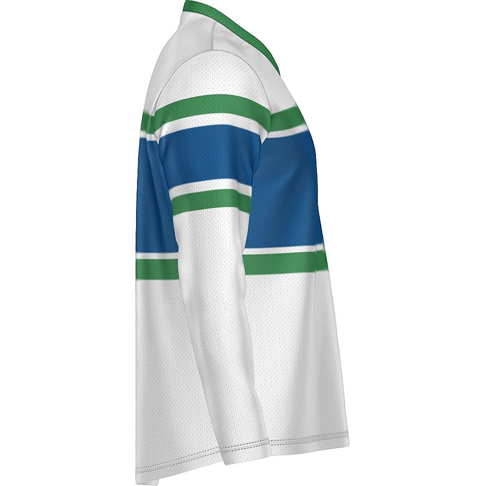 White, blue and green long-sleeve shirt on a white background