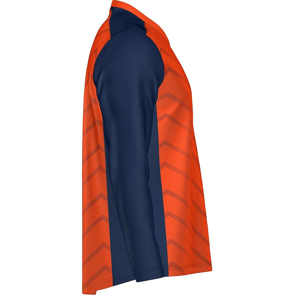 Orange long-sleeve shirt with navy accents and chevron design on a white background