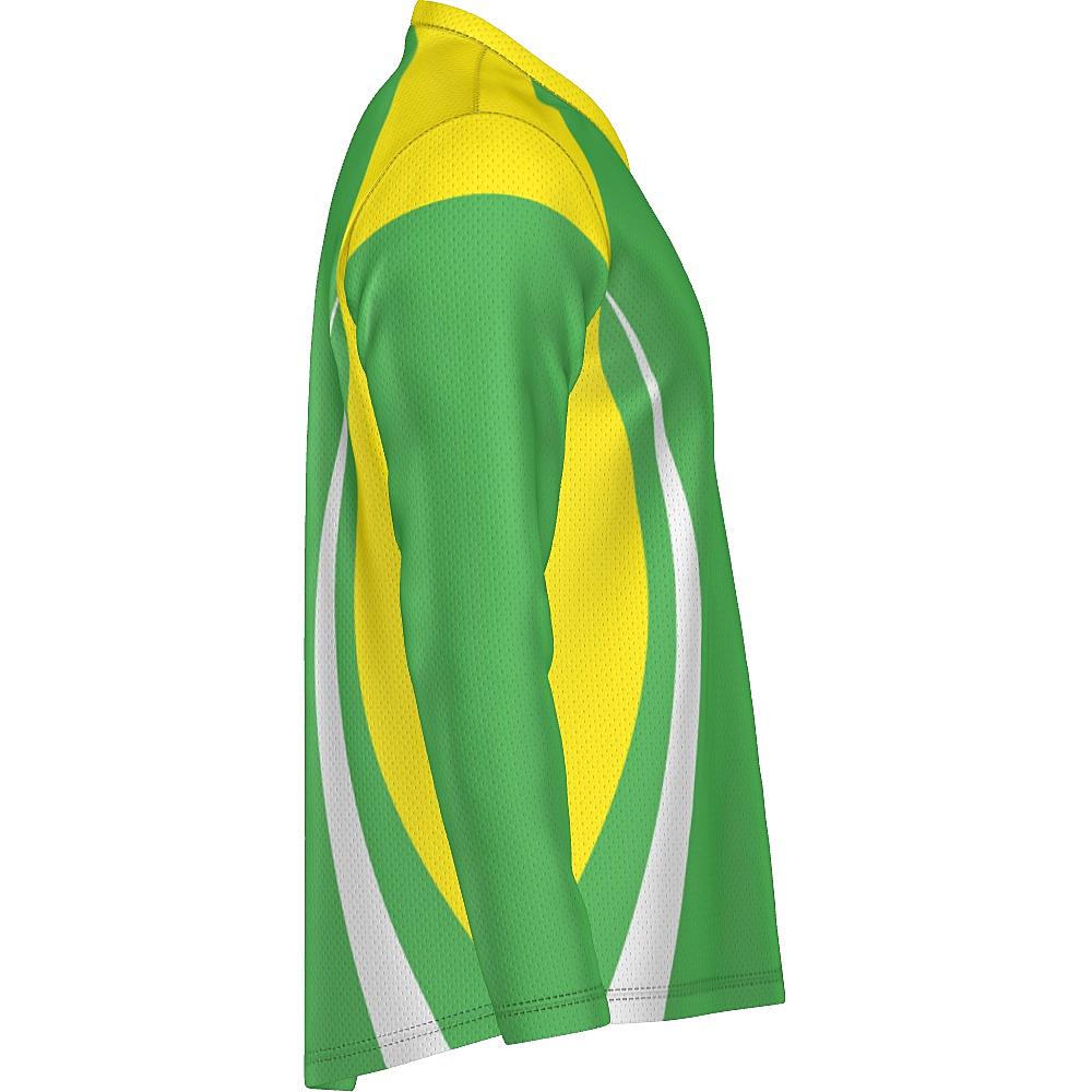 Green long-sleeve shirt with yellow and white accents on a white background