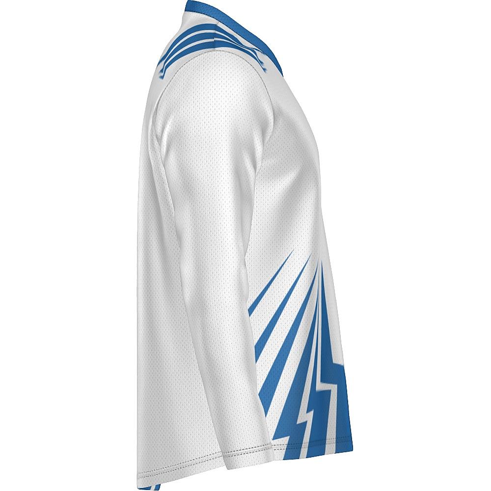 White long-sleeve shirt with blue bolt-shaped accents on a white background