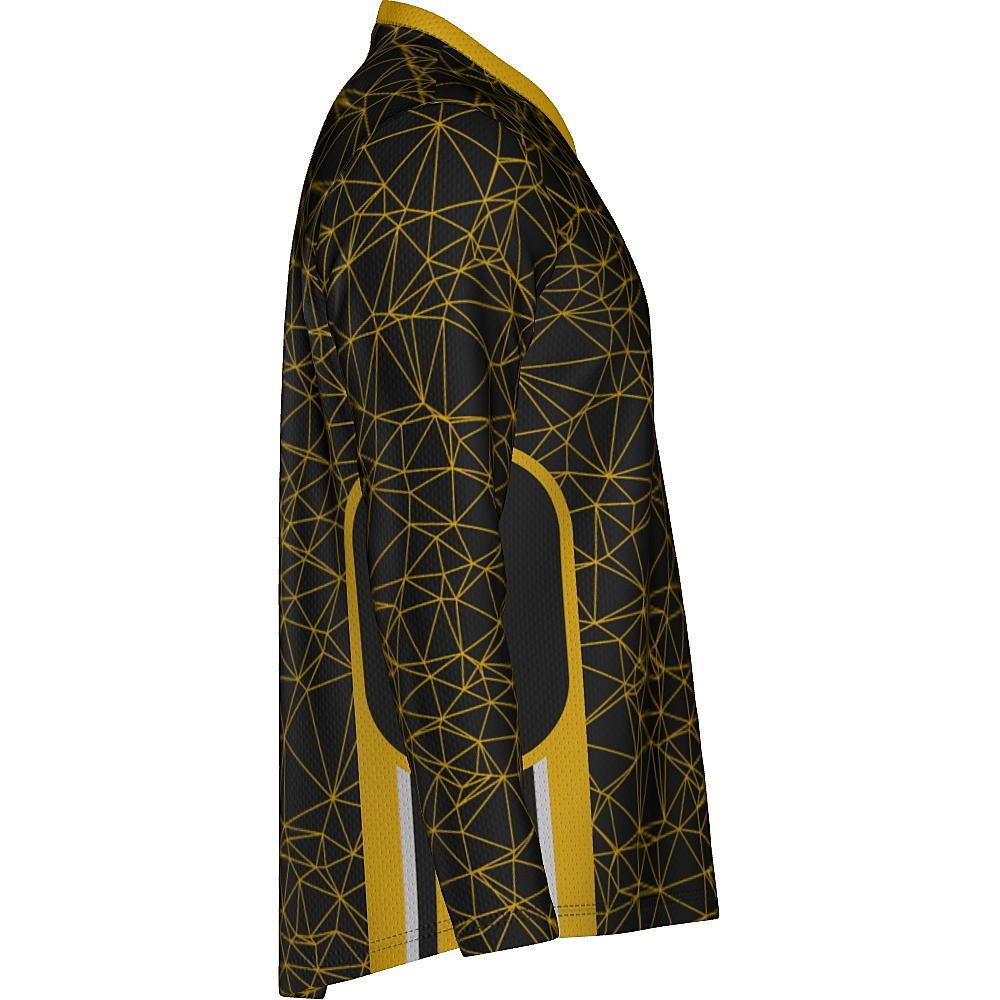 Black long-sleeve shirt with yellow geometric design on a white background