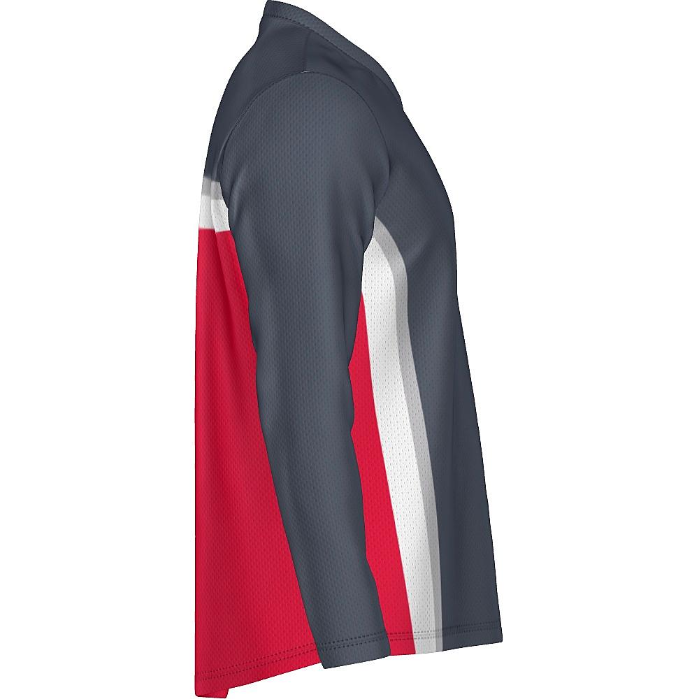 Grey long-sleeve shirt with white and red accents on a white background
