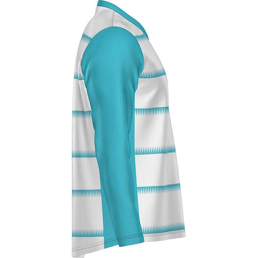 White long-sleeve shirt with teal sleeves and sawtooth stripes