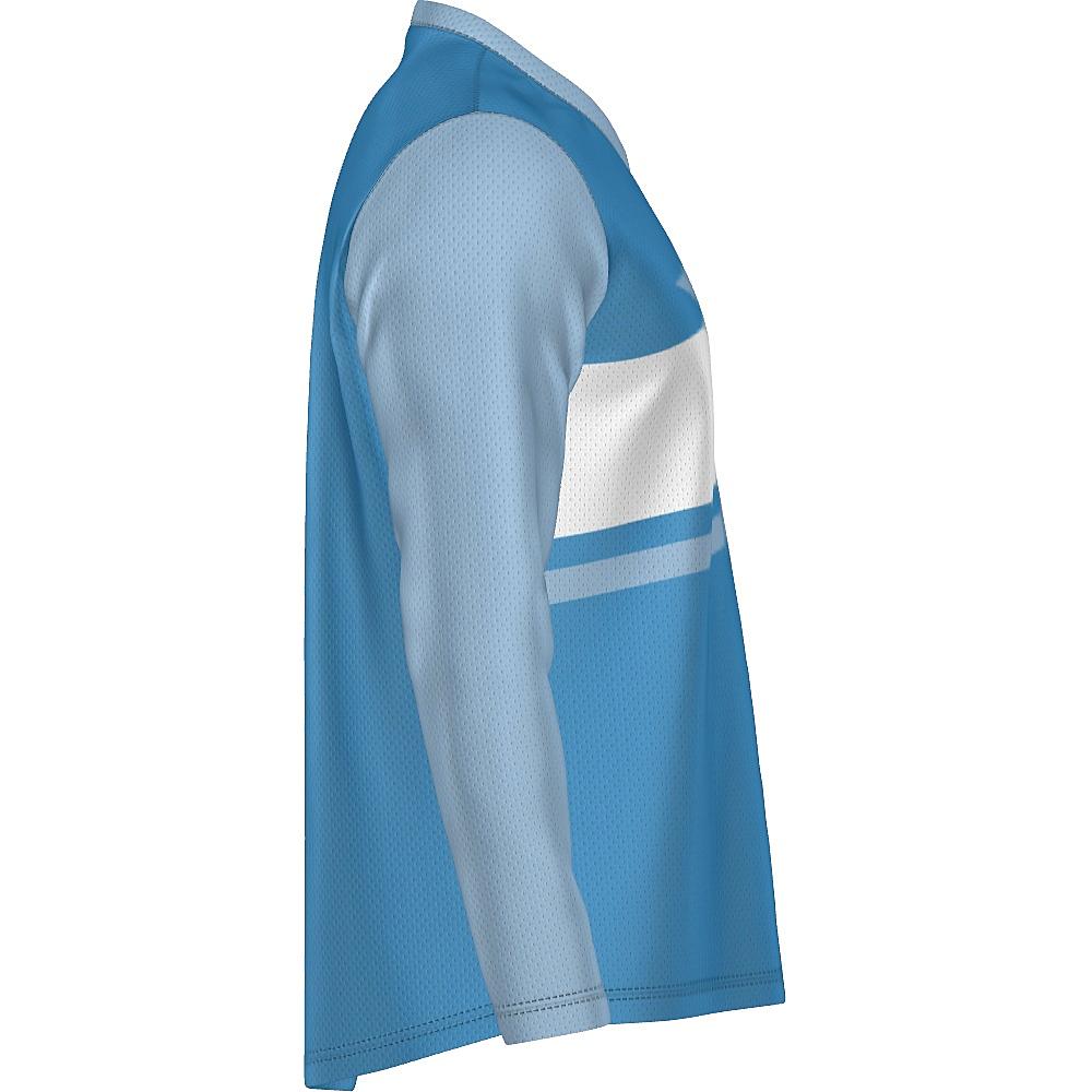 Blue long-sleeve shirt with contrasting sleeves and white horizontal stripe on a white background