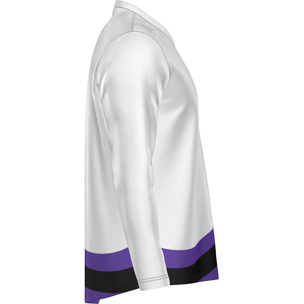 White long-sleeve shirt with black and purple accents on a white background
