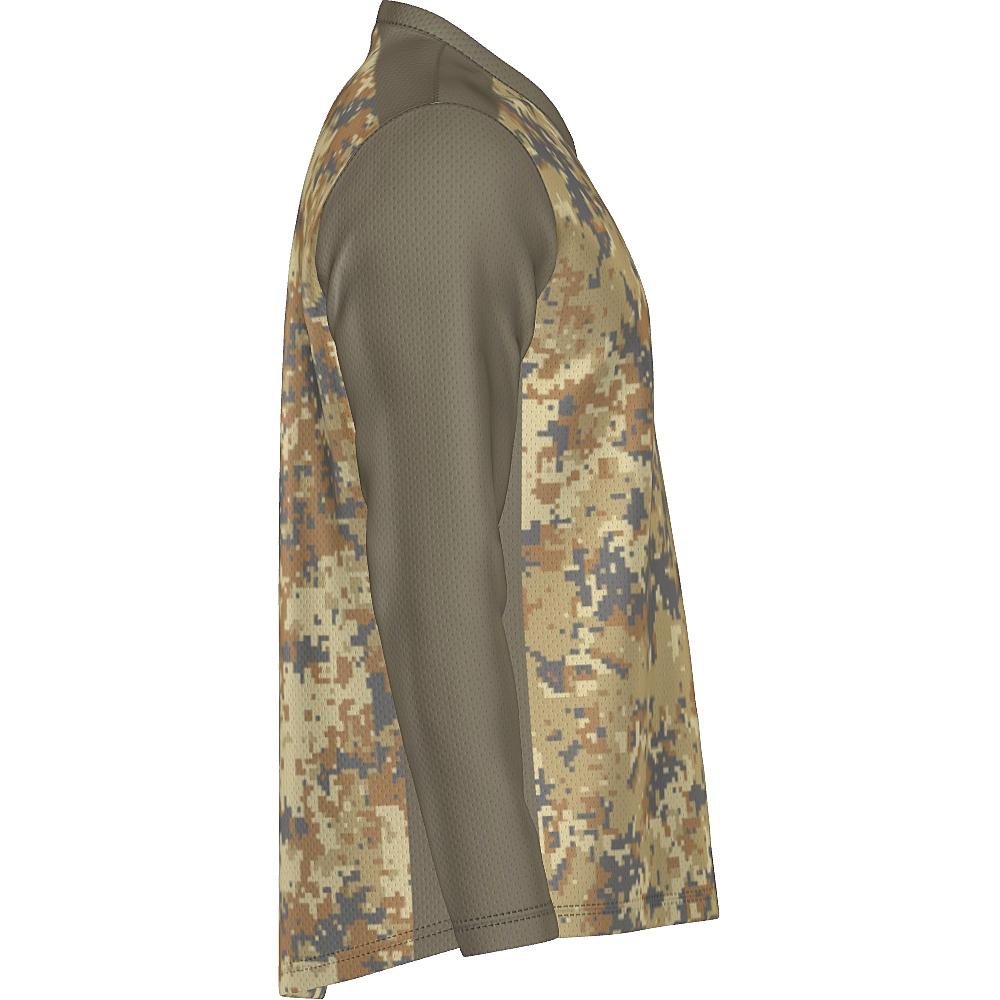 Earth-tone long-sleeve shirt with digital camo design on a white background