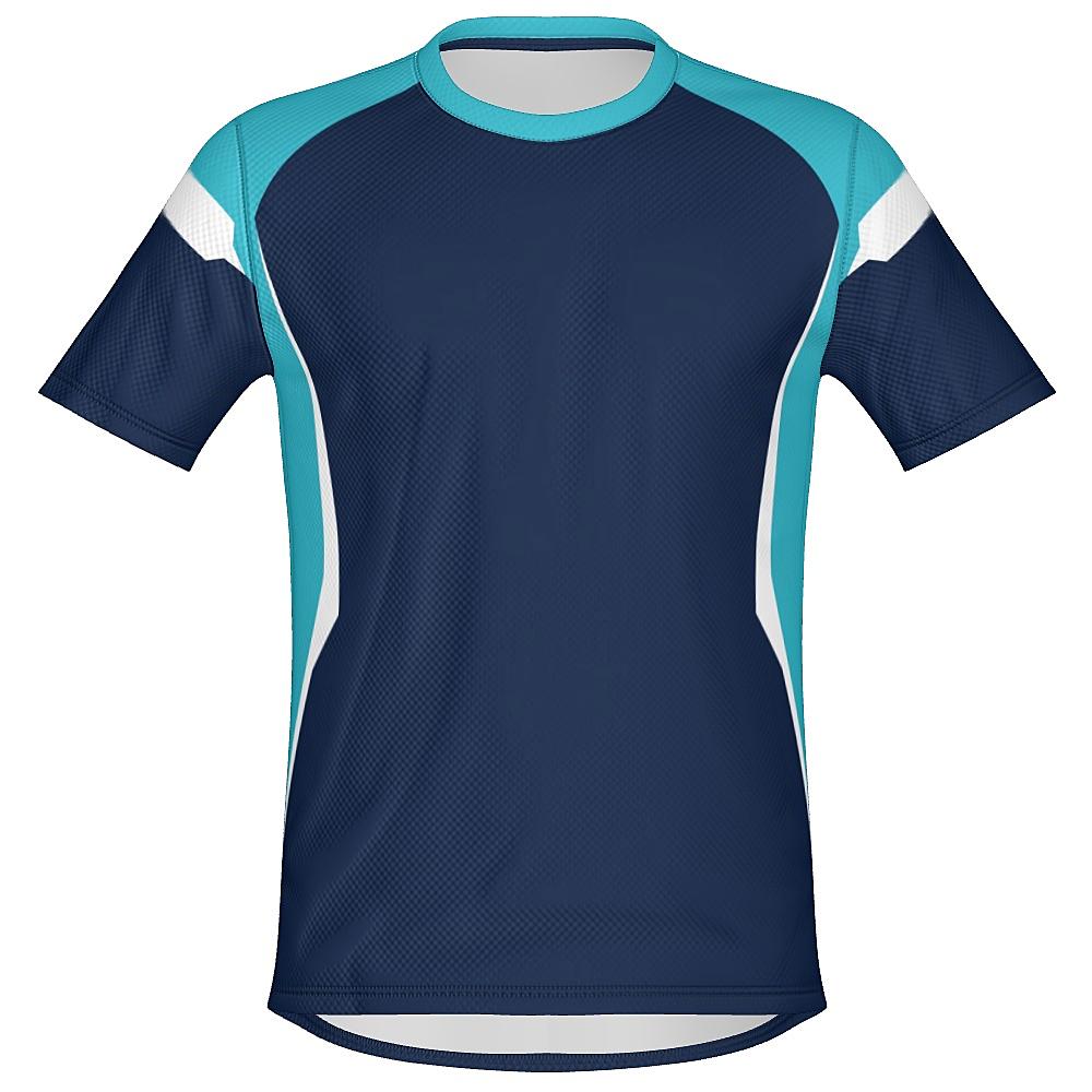 Navy shirt with light blue and white accents on a white background