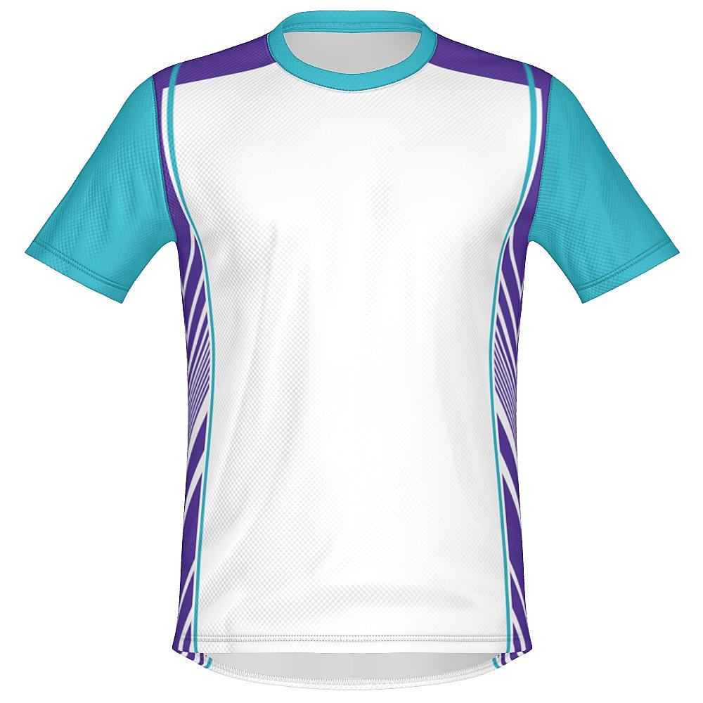 White shirt with teal and purple accents on a white background