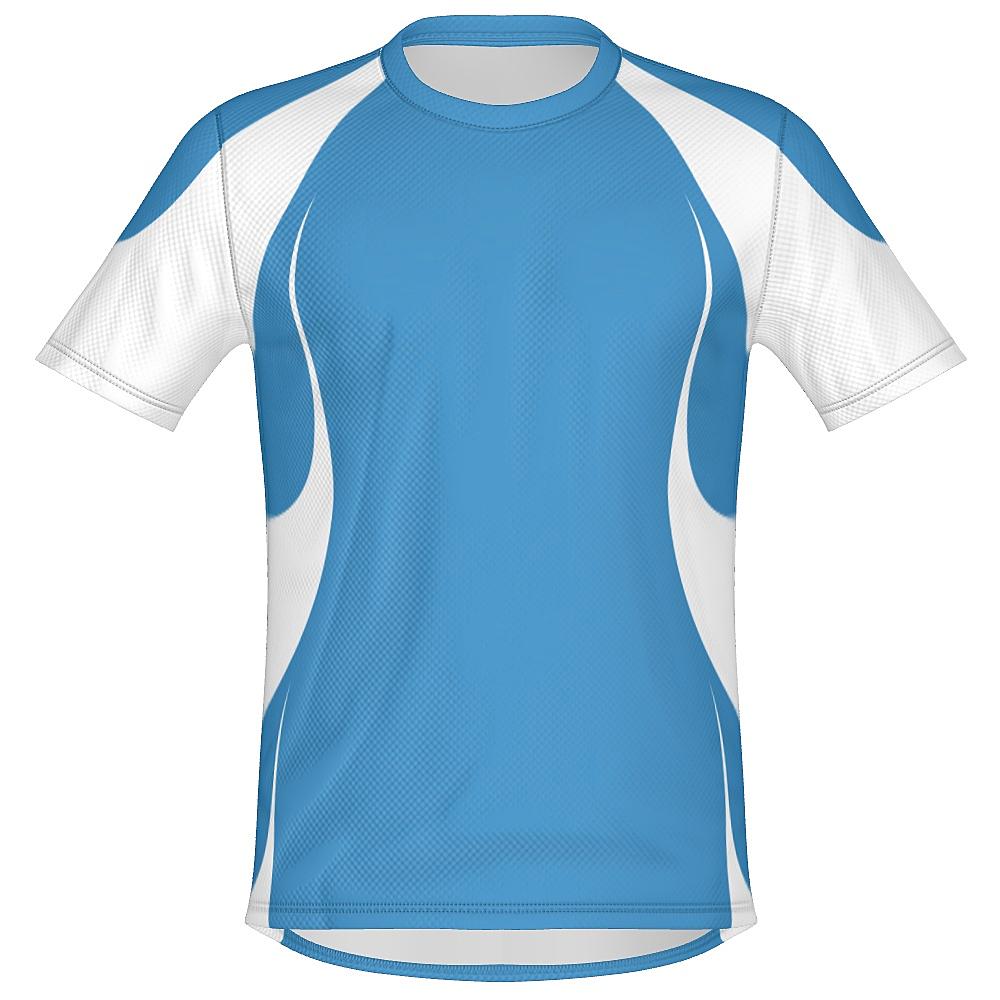Blue shirt with white accents on a white background