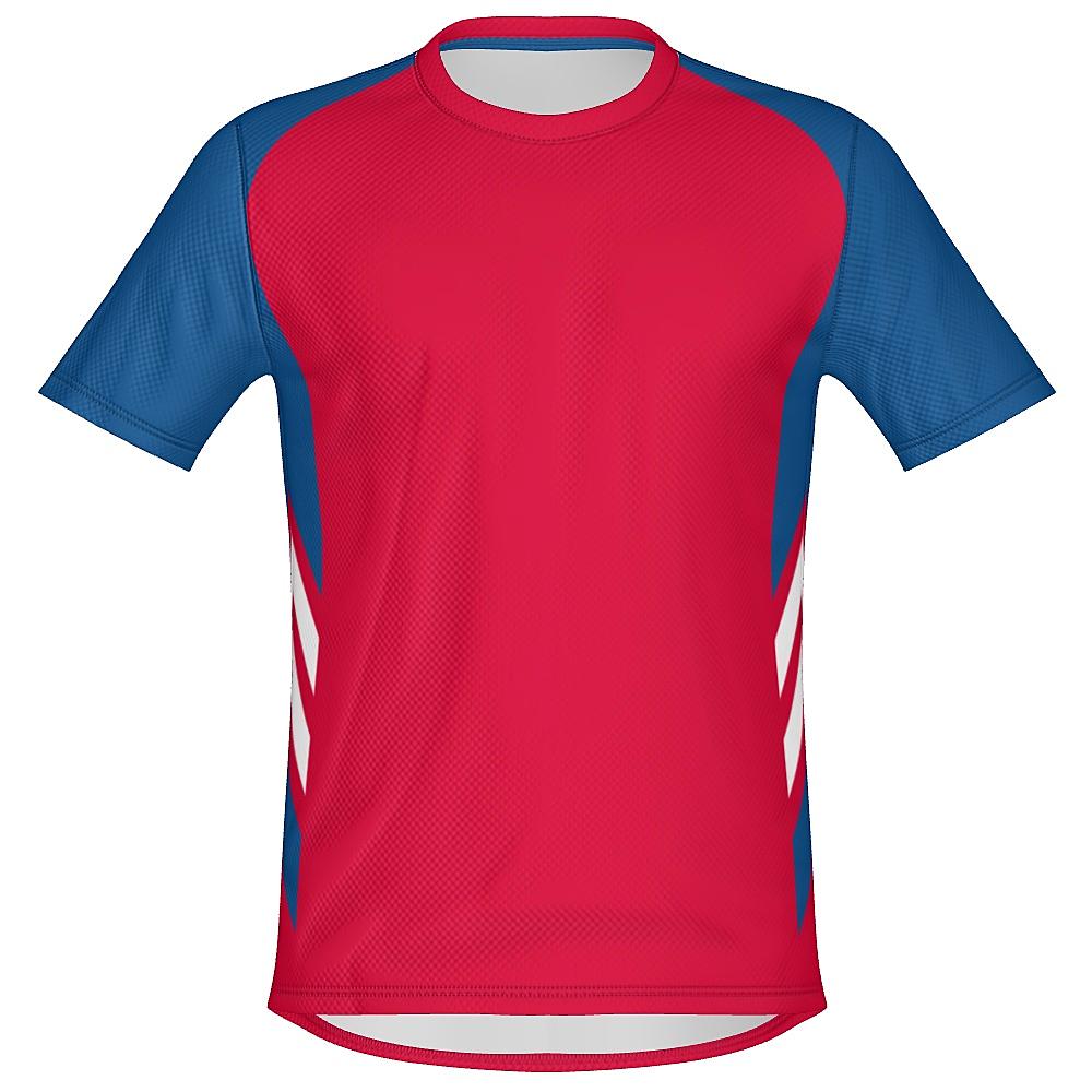 Red shirt with blue and white accents on a white background