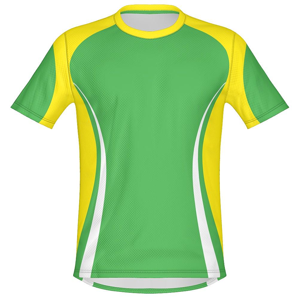 Green shirt with yellow and white accents on a white background