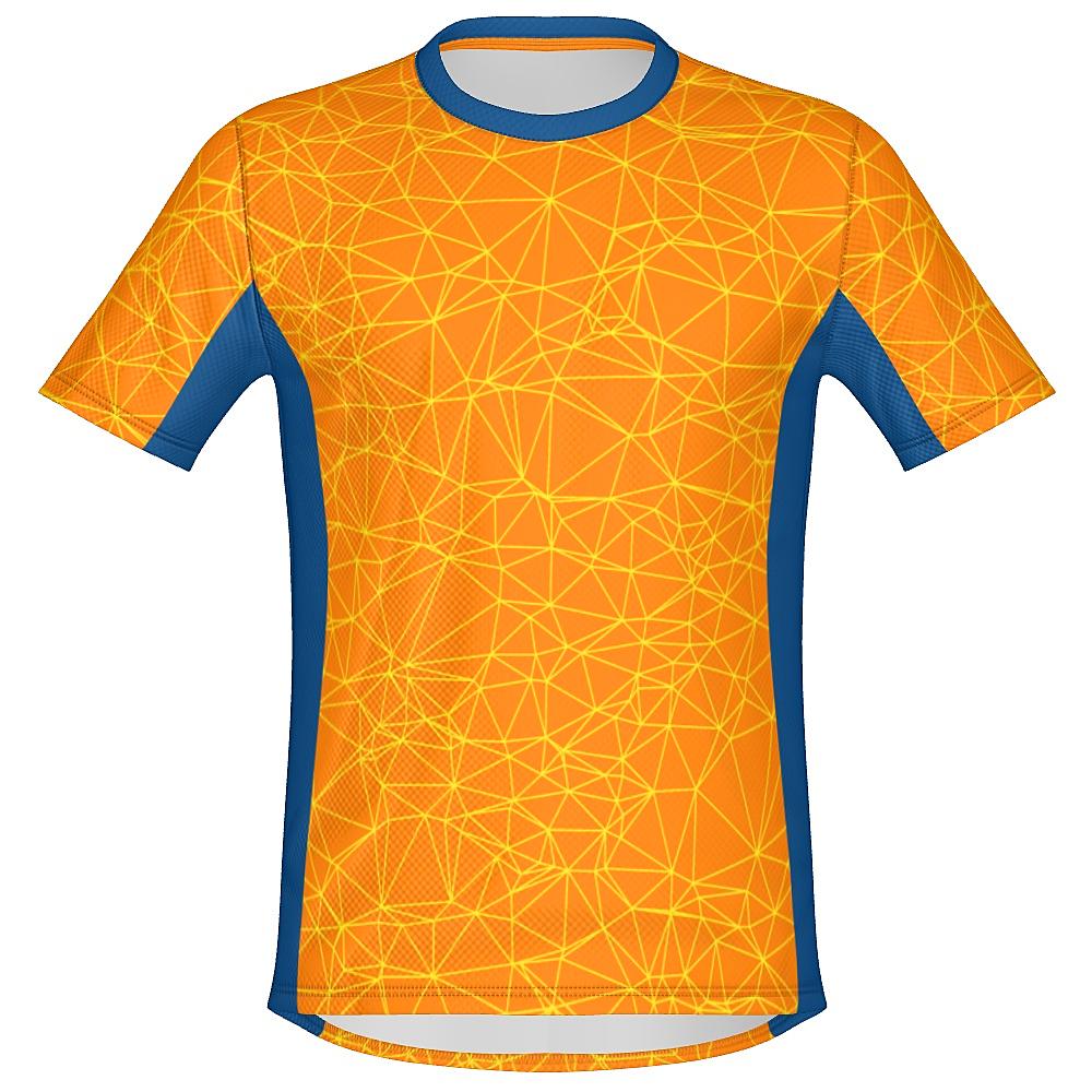 Orange shirt with yellow geometric design and blue accents on a white background
