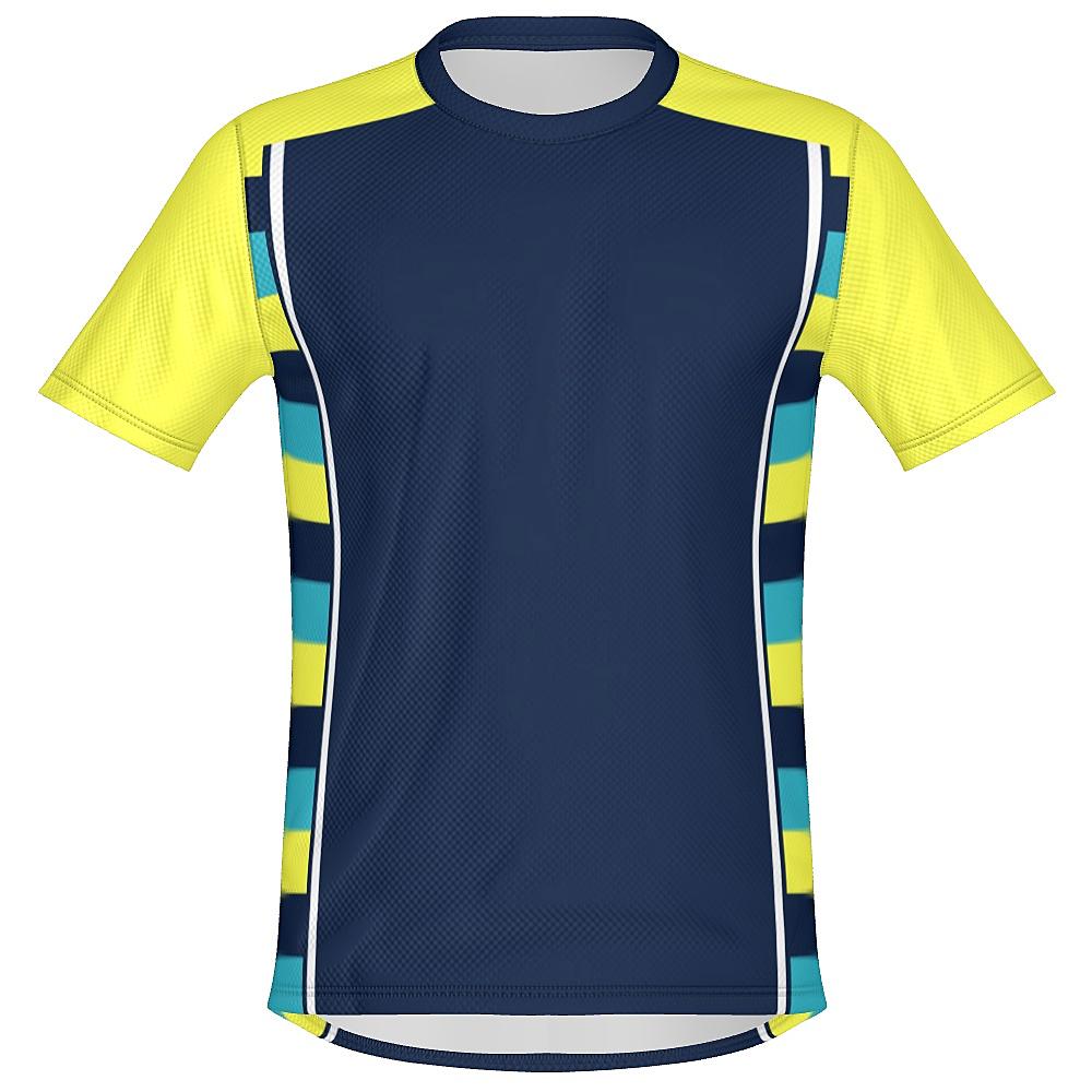 Navy shirt with yellow sleeves and striped side panels on a white background