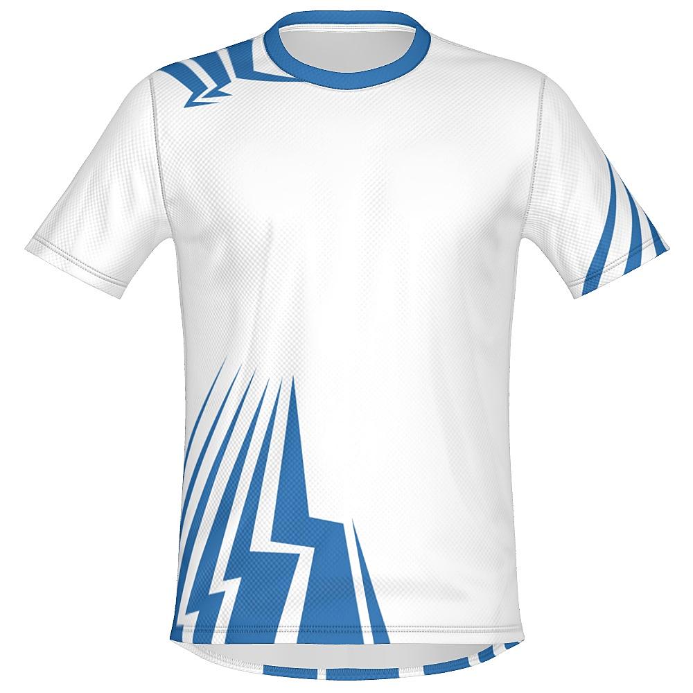 White shirt with blue bolt-shaped accents on a white background