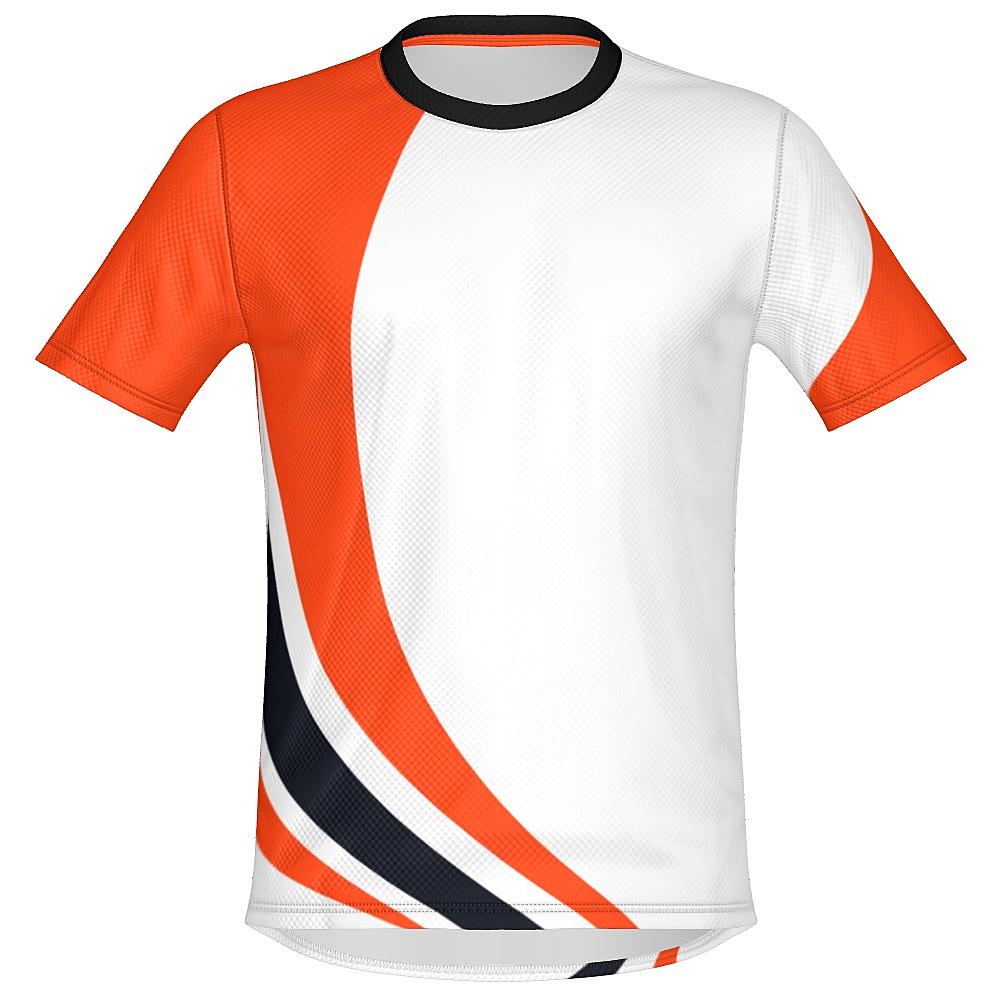 White shirt with black and orange curved stripes on a white background
