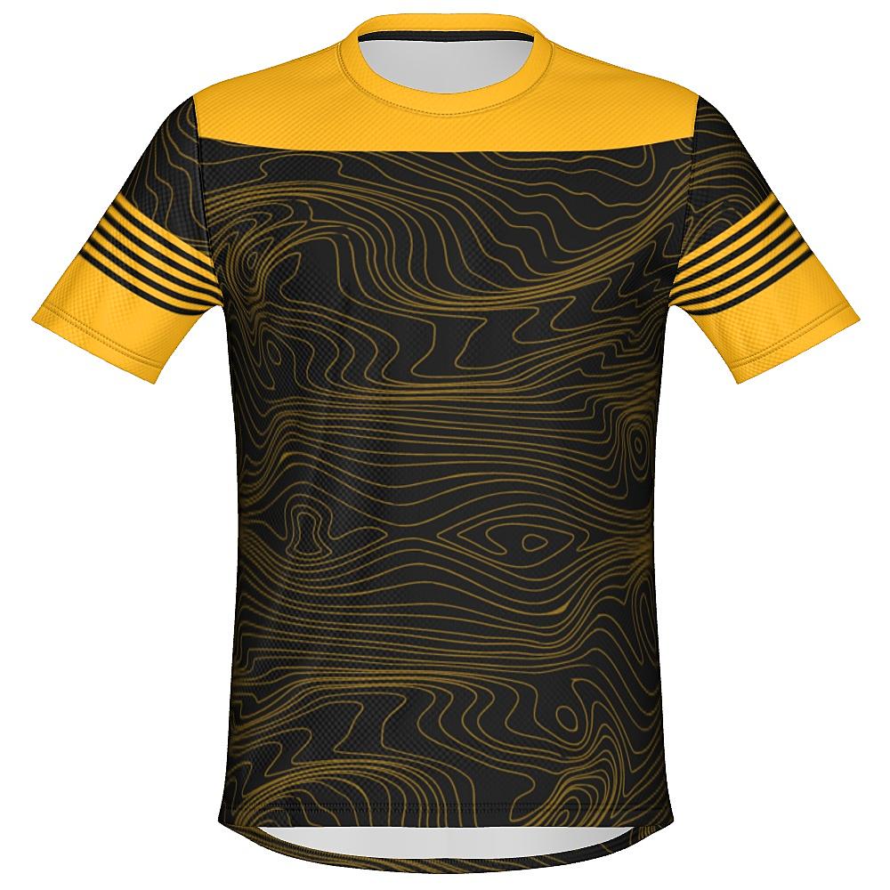 Black shirt with yellow accents and topographic design on a white background