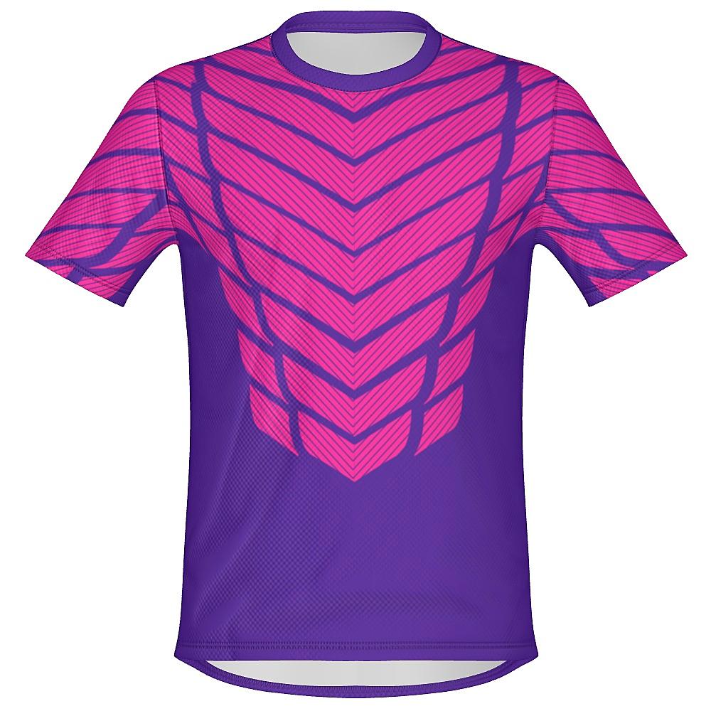 Pink and purple shirt with striped design on a white background