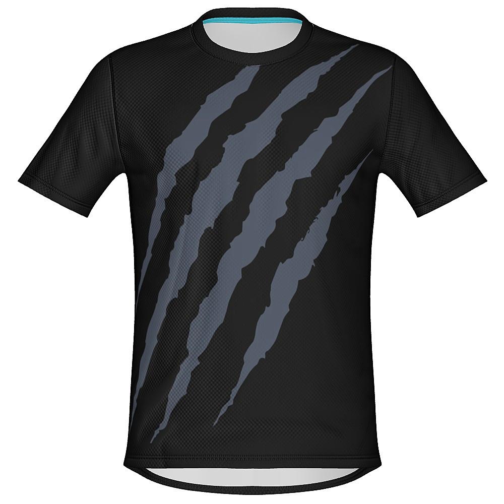 Black shirt with grey claw-mark design on a white background