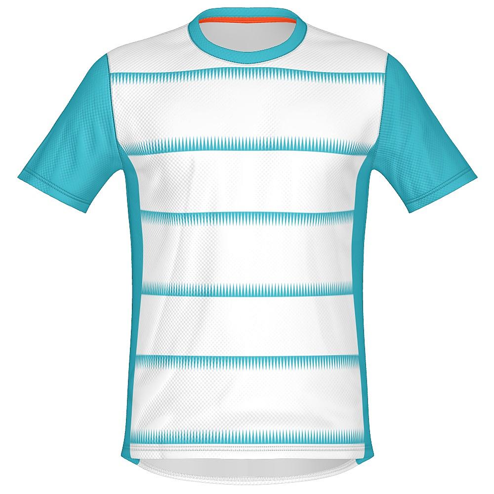 White shirt with teal sleeves and sawtooth stripes