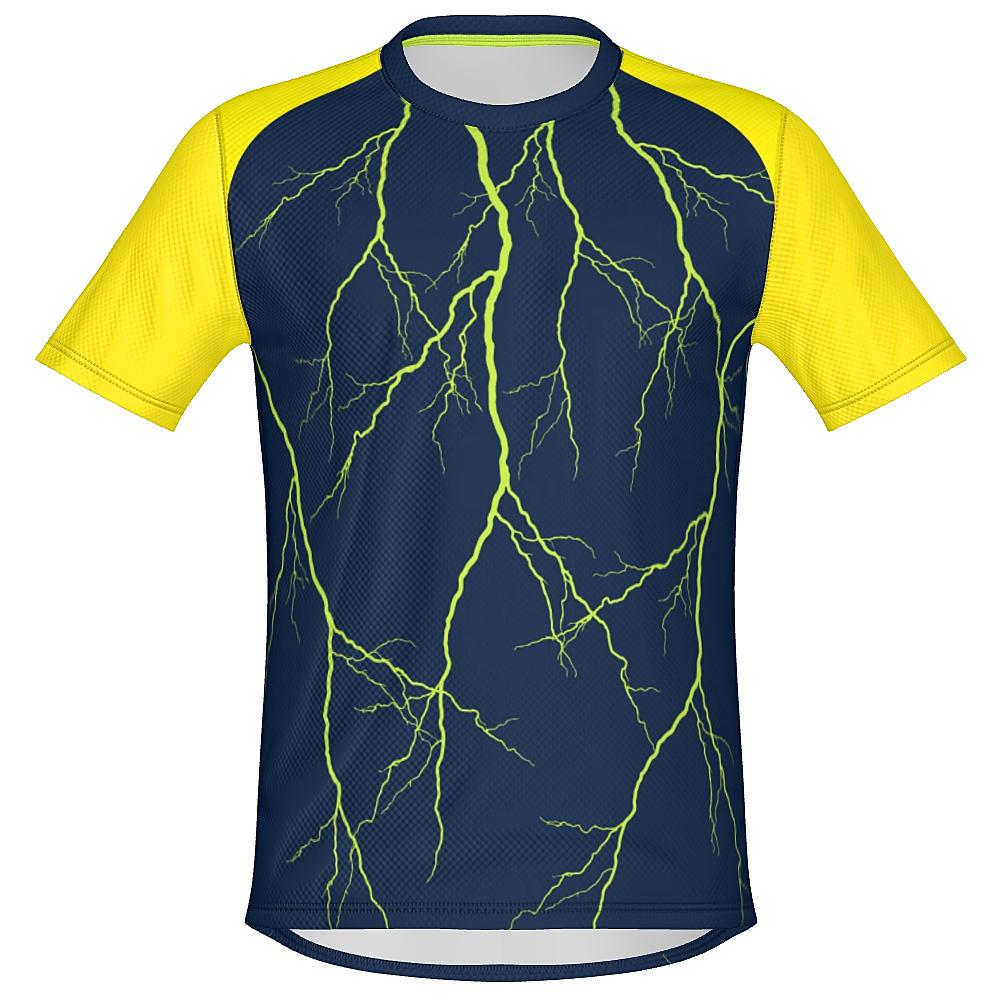 Navy shirt with yellow sleeves and lightning design on a white background