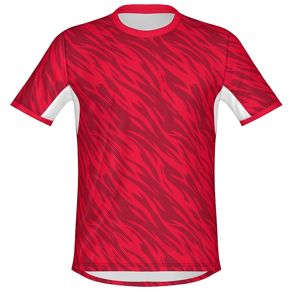 Red shirt with wavy design and white accents on a white background