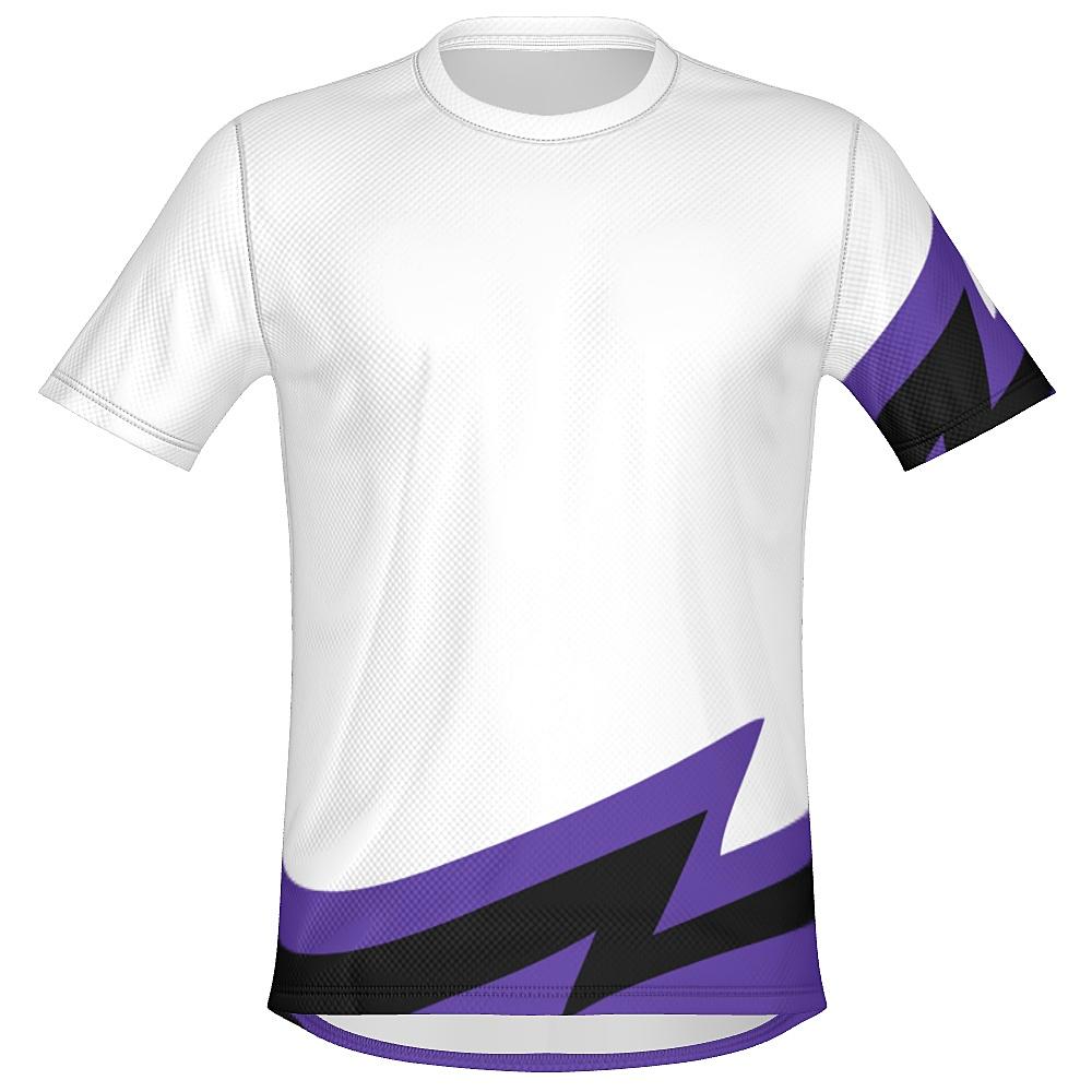 White shirt with black and purple accents on a white background