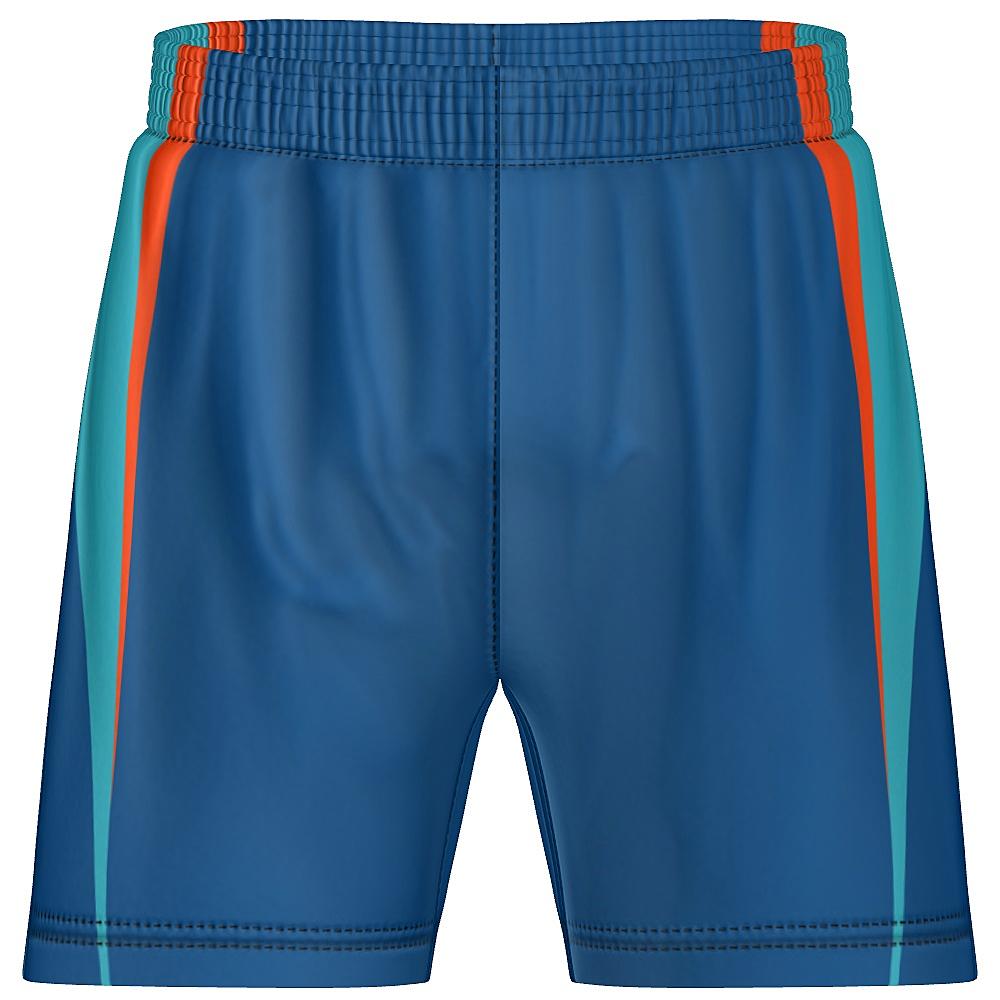 Blue shorts with teal and orange accents on a white background