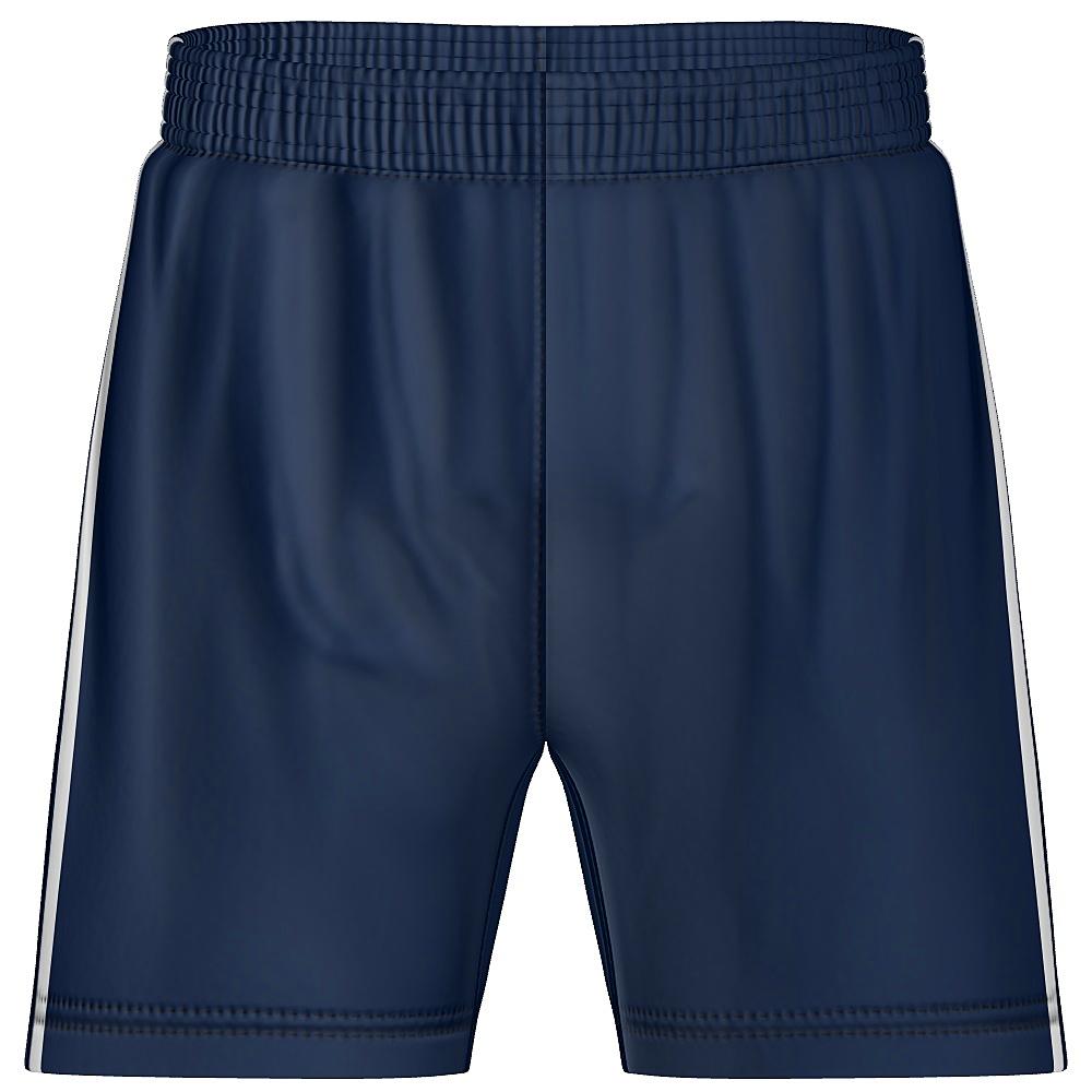 Navy shorts with white side stripe on a white background