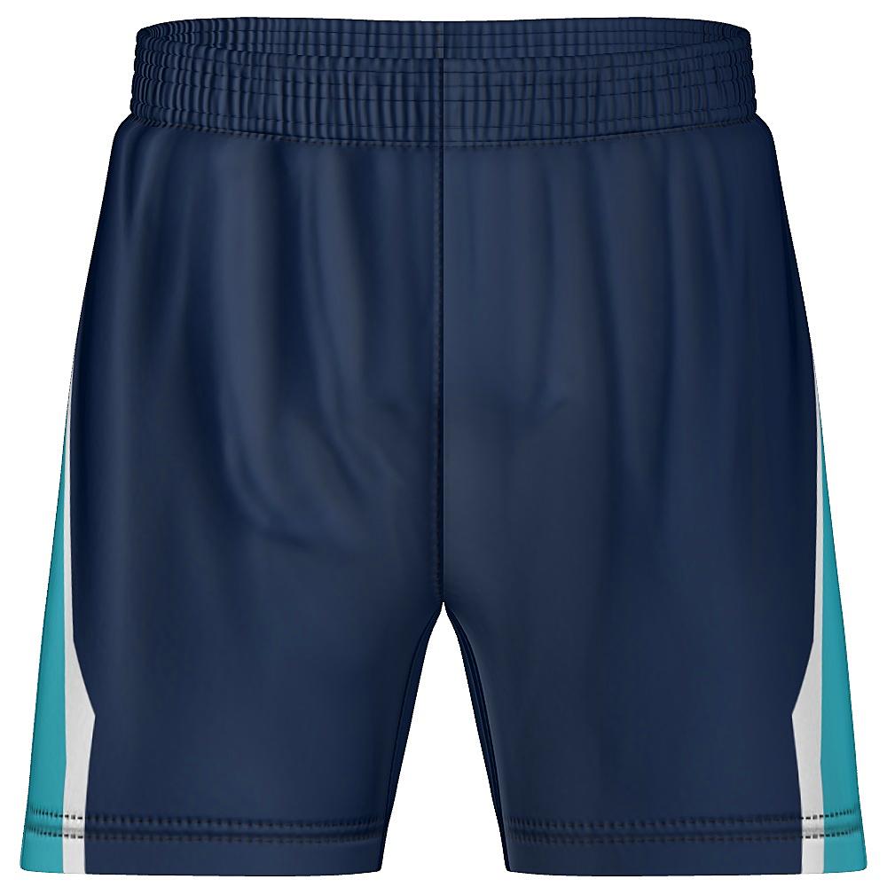 Navy shorts with light blue and white accents on a white background