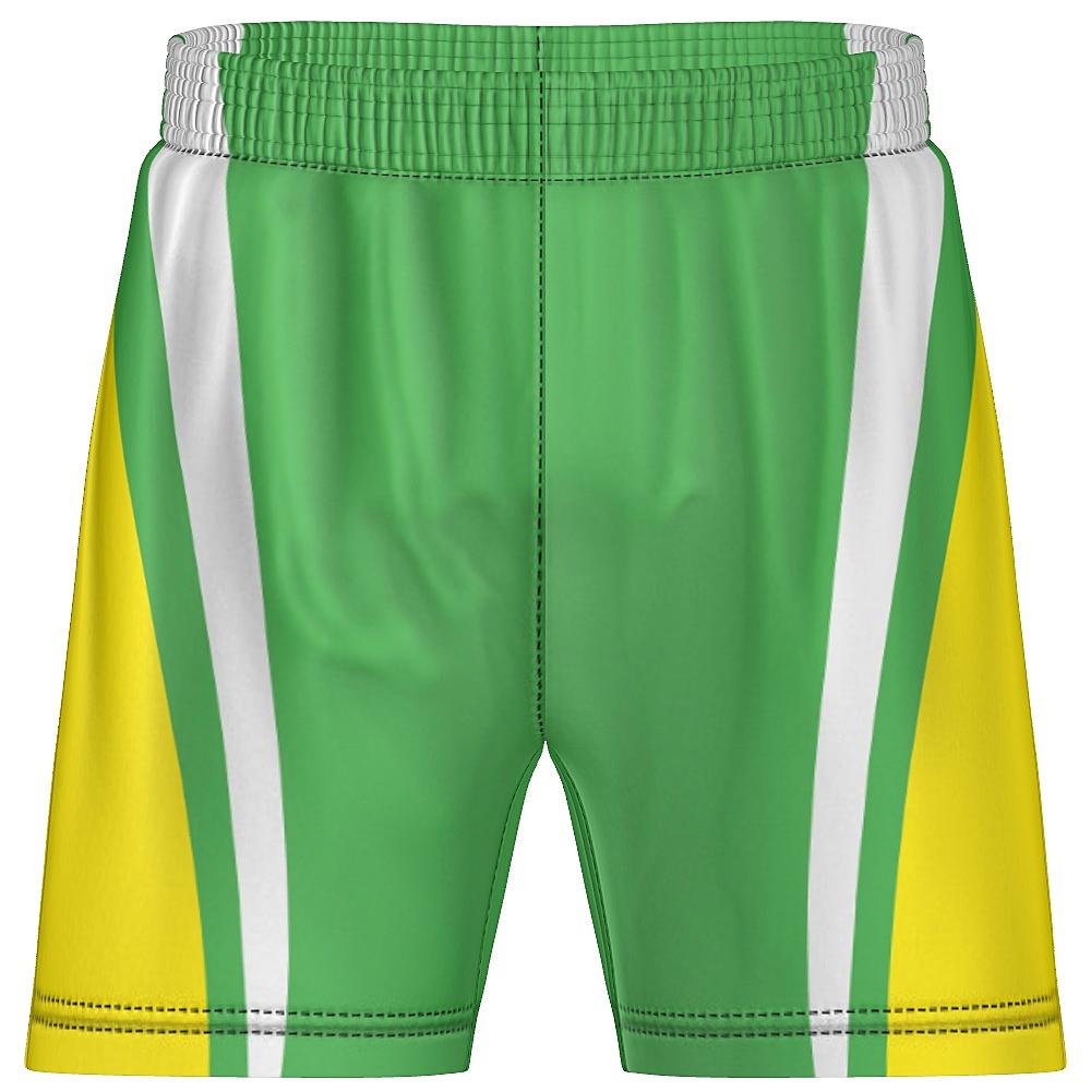 Green shorts with yellow and white accents on a white background