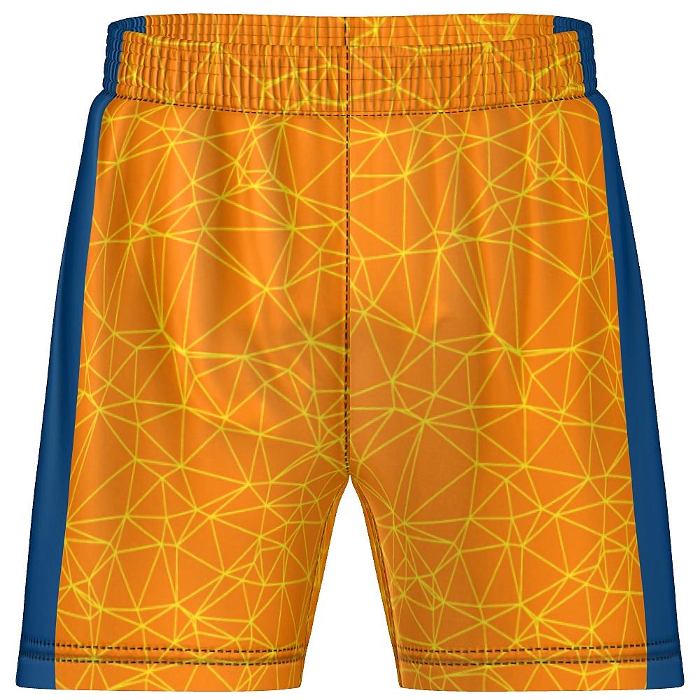 Orange shorts with yellow geometric design and blue accents on a white background