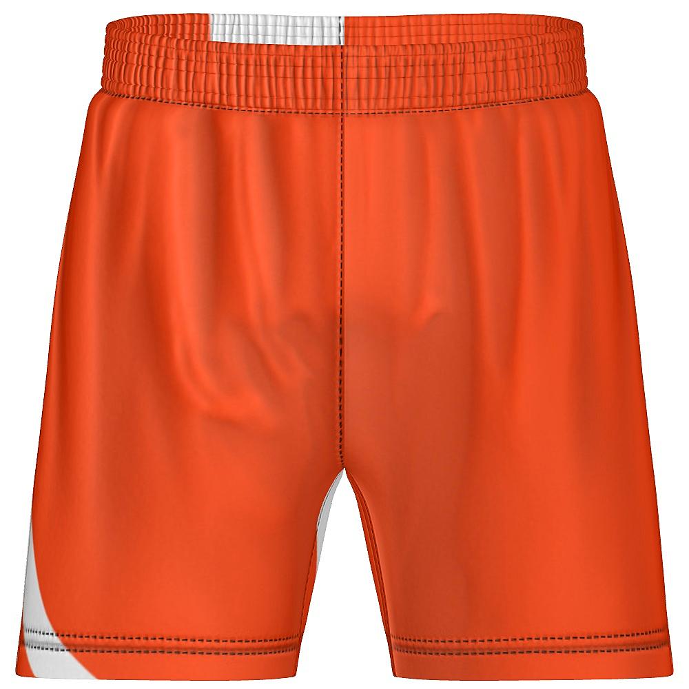 Orange shorts with white and black curved stripes on a white background