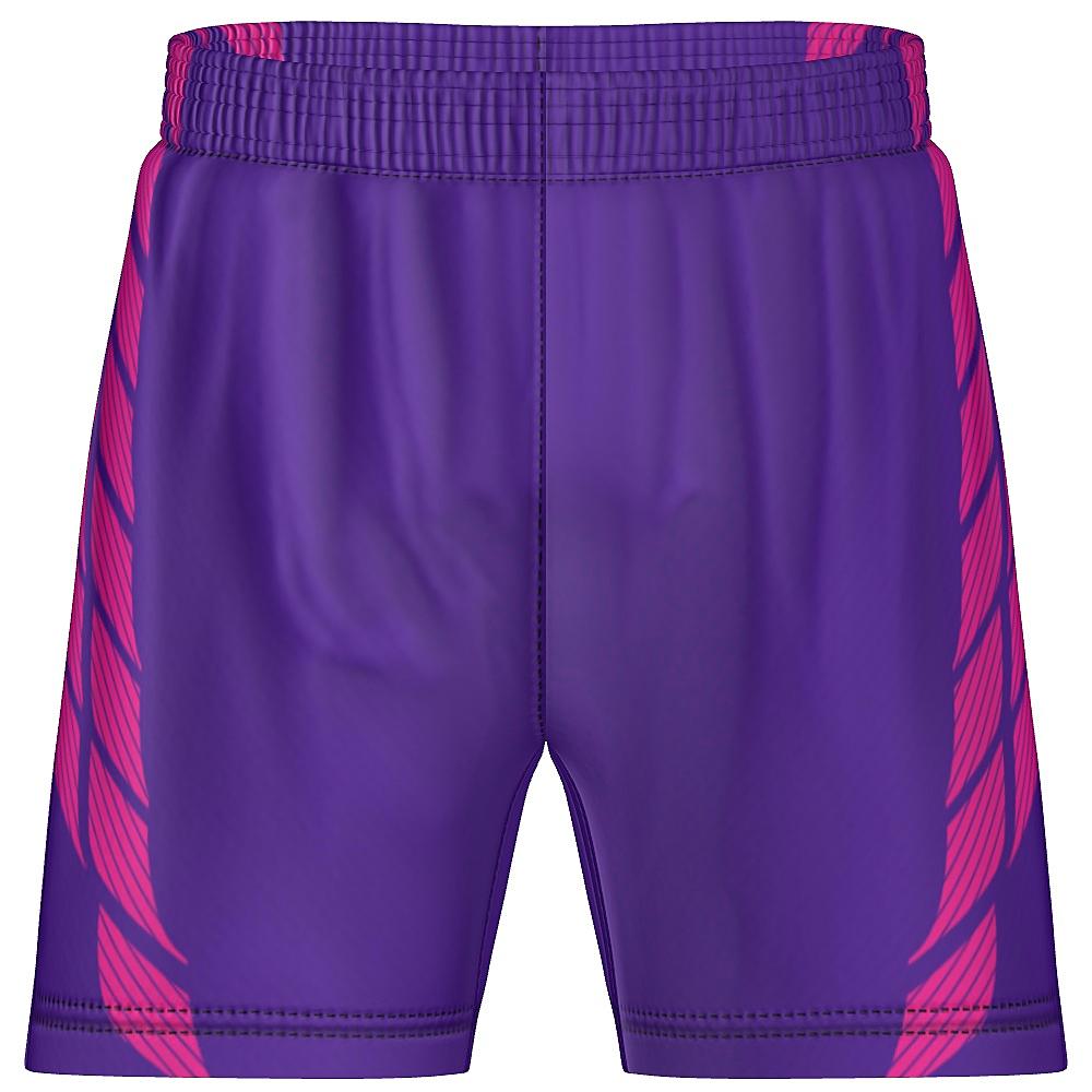 Pink and purple shorts with striped design on a white background
