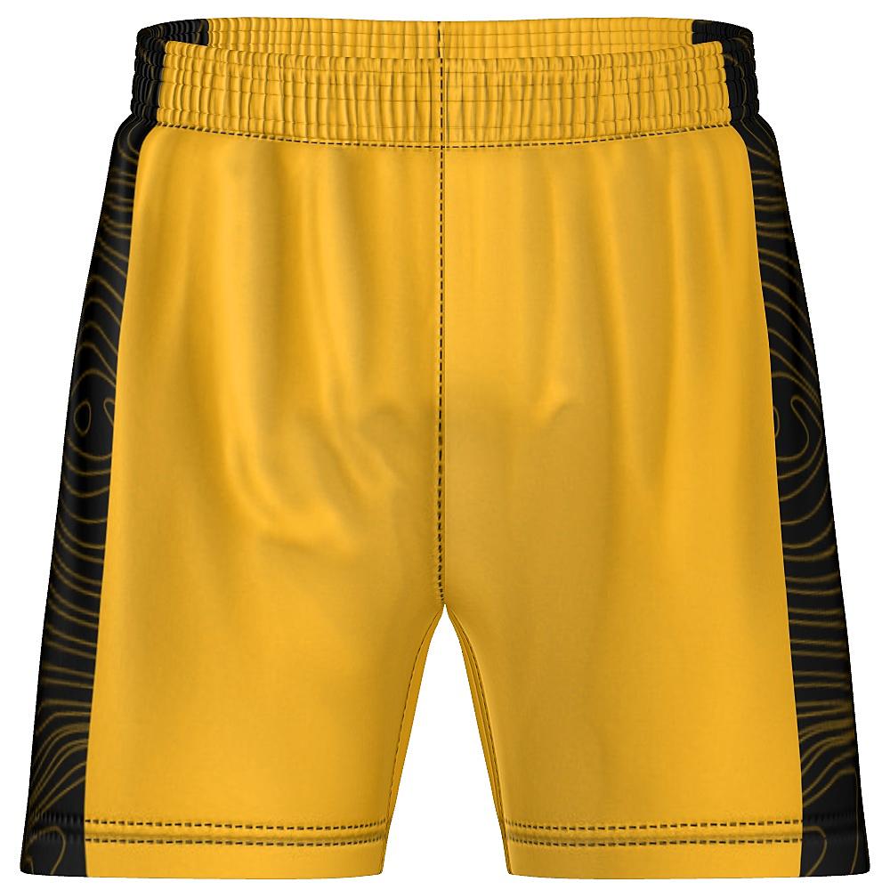 Gold shorts with black side panels featuring topographic design, on a white background