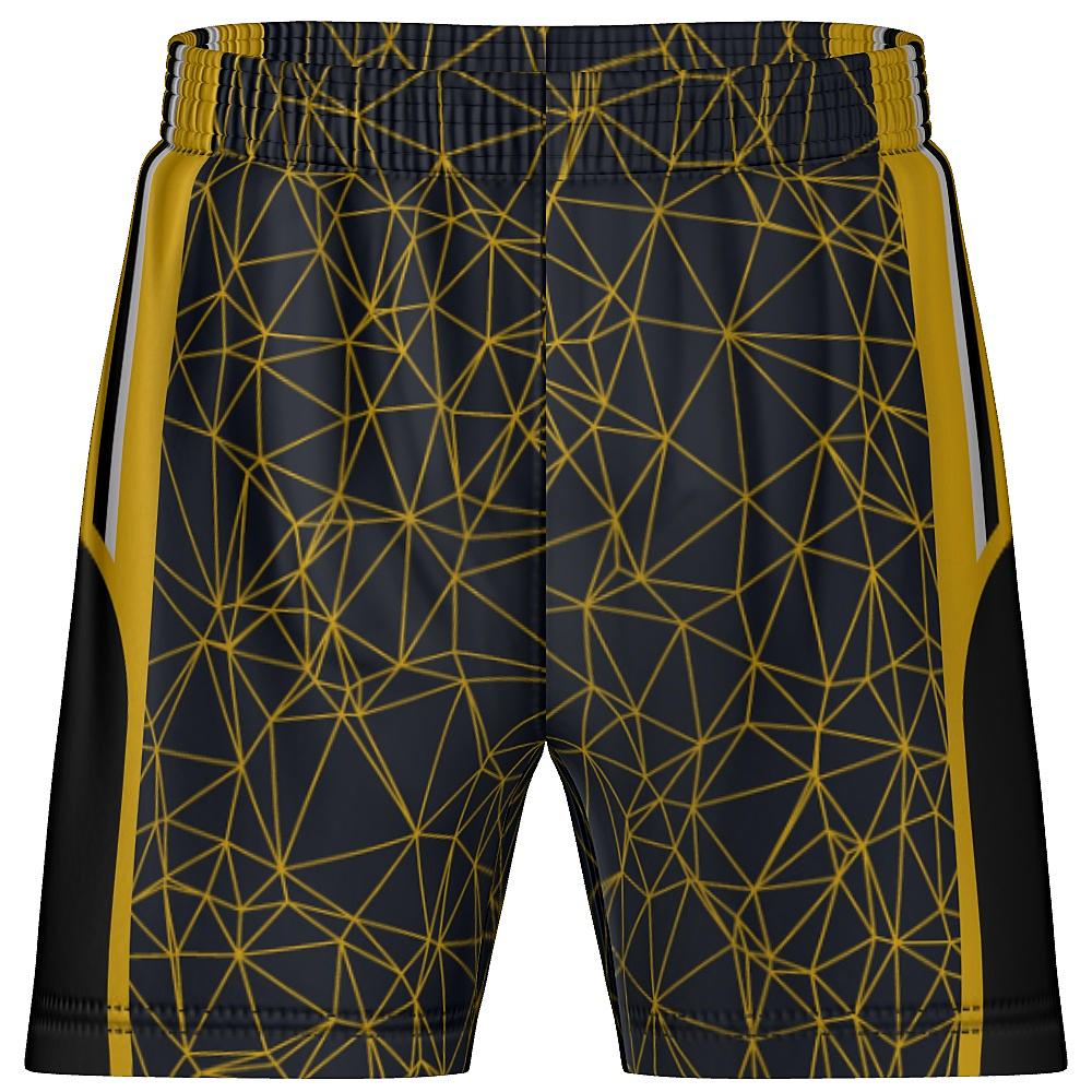 Black shorts with yellow geometric design and side panels on a white background
