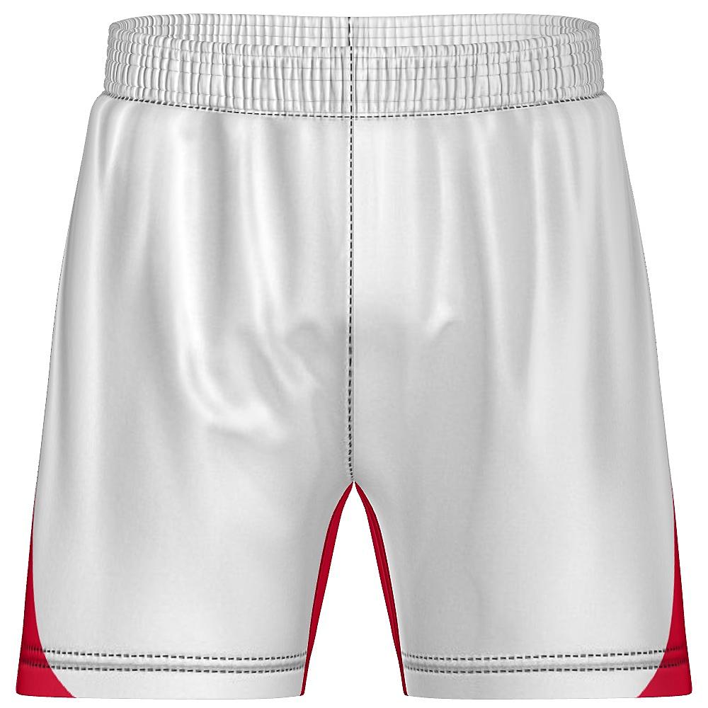 White shorts with red curved area on back, on a white background