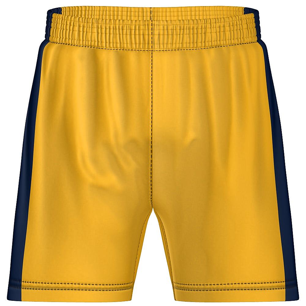 Gold shorts with navy side panels on a white background