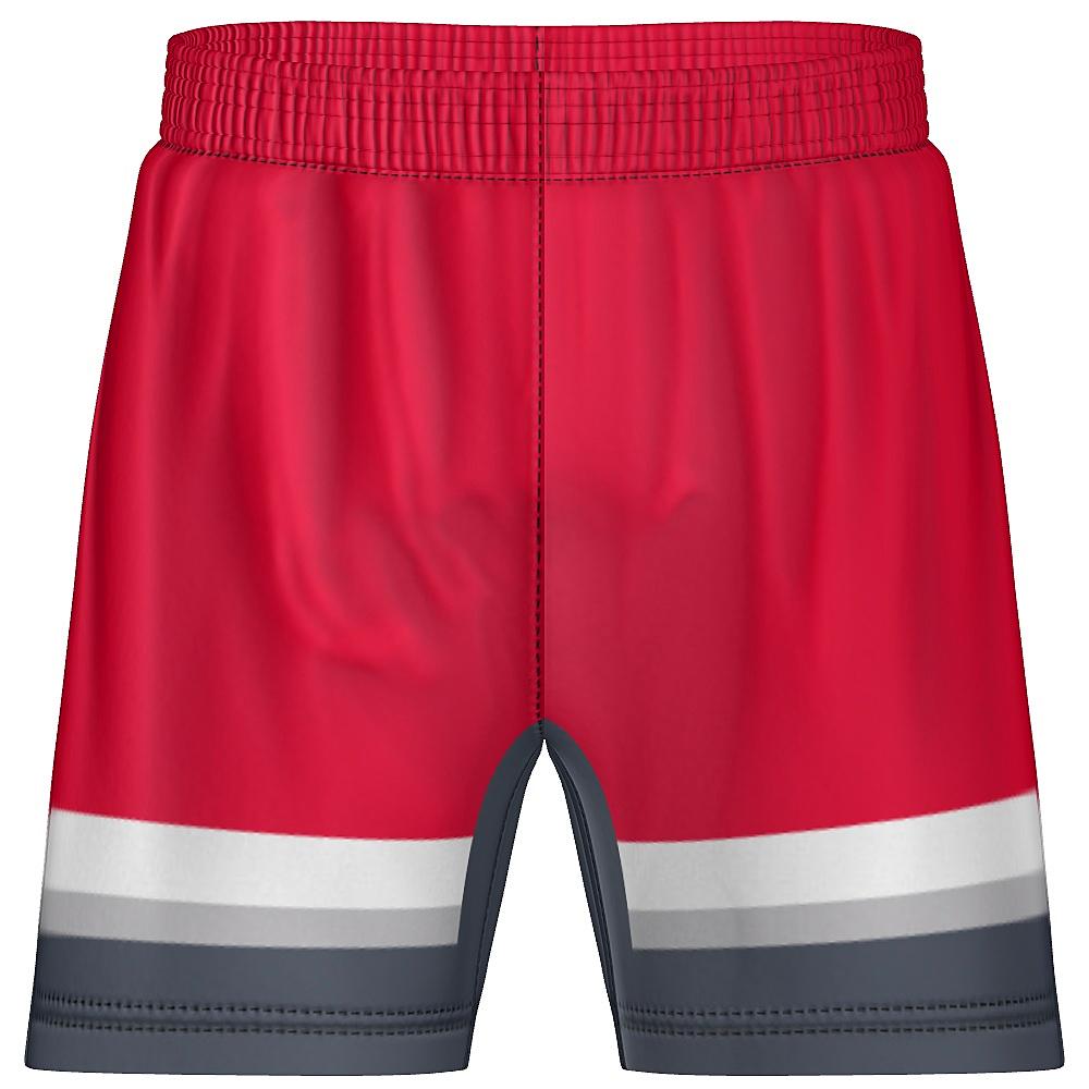 Red shorts with grey and white accents on a white background