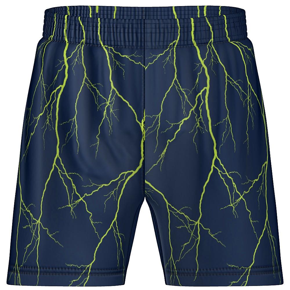 Navy shorts with yellow lightning design on a white background